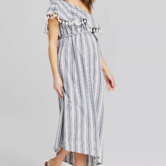 Isabel Maternity Blue White Stripe One Shoulder Asymmetrical Tassel Maxi Dress L - Picture 8 of 9